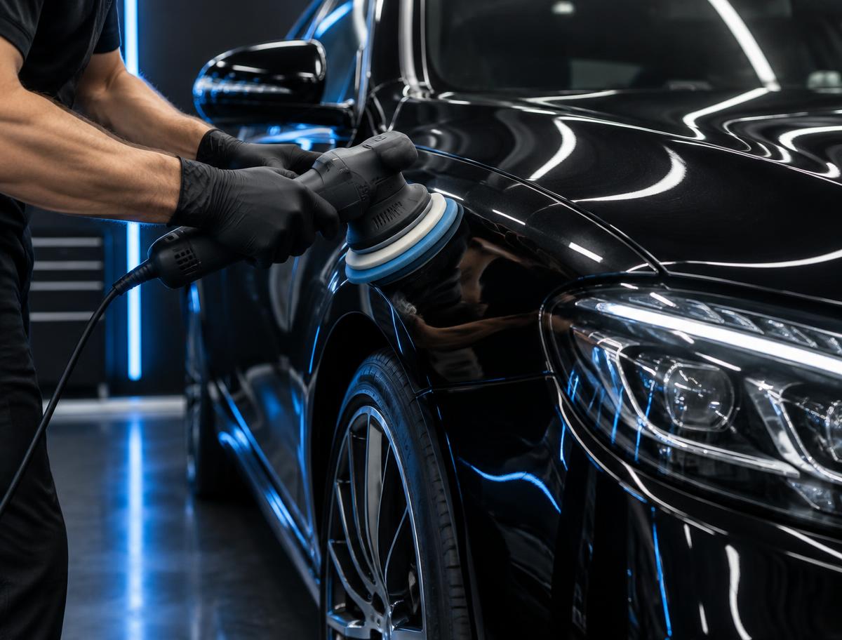 Glossy black vehicle paint being polished