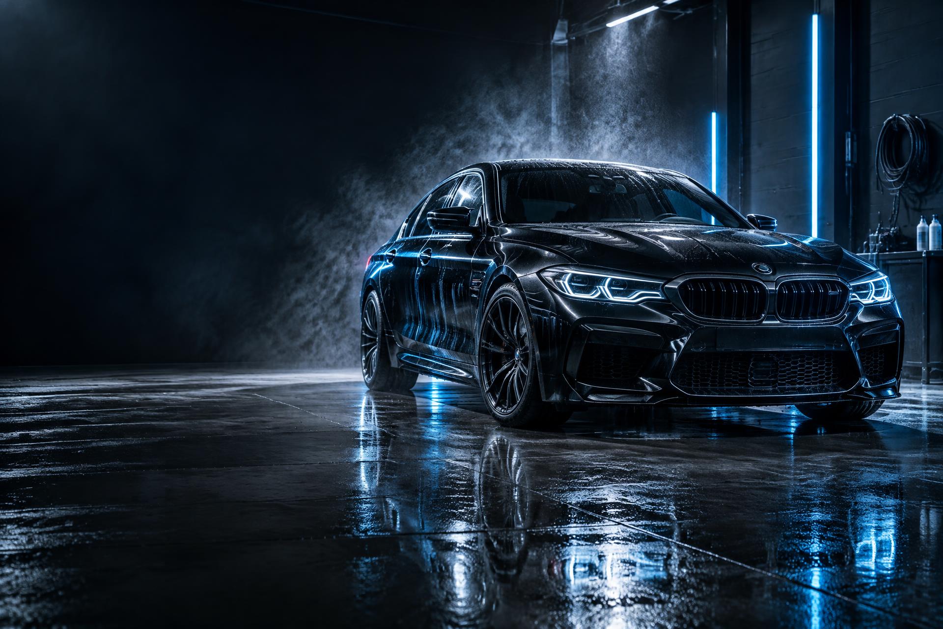 Freshly detailed black luxury sedan in a blue-lit studio